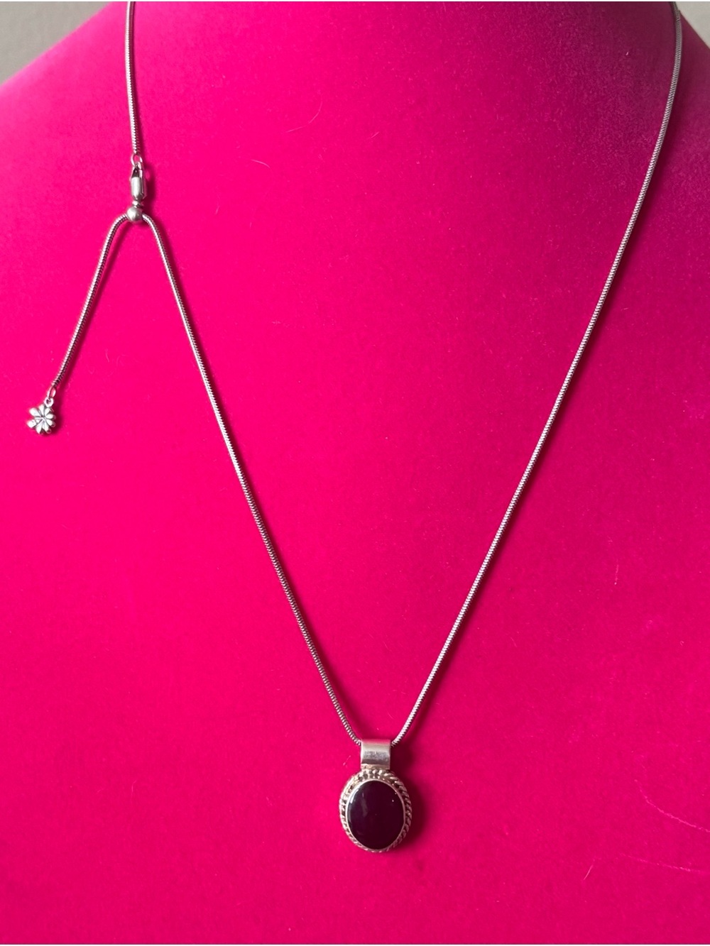 Vintage 925 Onyx Adjustable Pendant Necklace 22” Sterling Silver Mexico